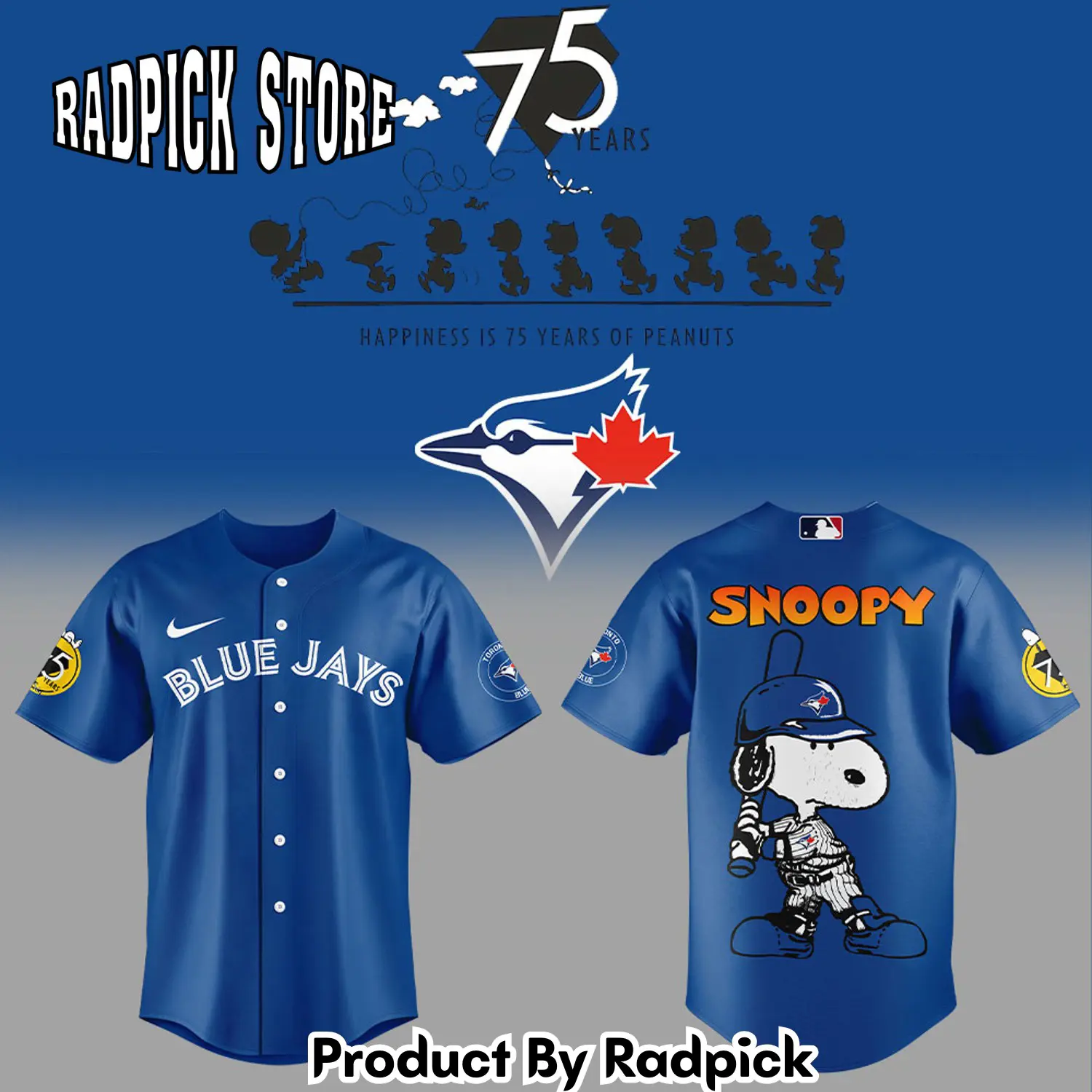 Radpick toronto blue jays 75th anniversary of peanuts new baseball jersey rp12719